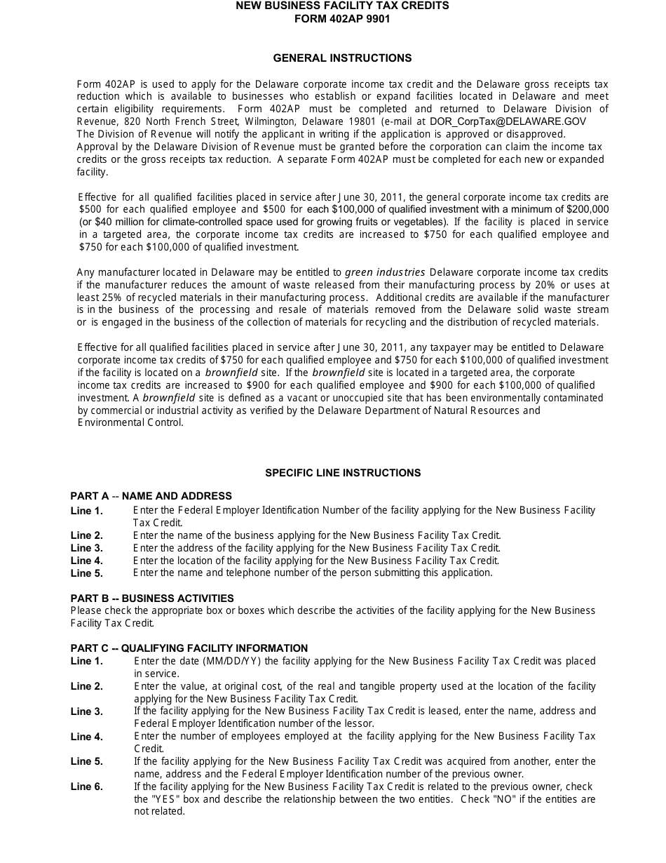 Form 402AP 9901 Application for New Business Facility Tax Credits - Delaware, Page 2