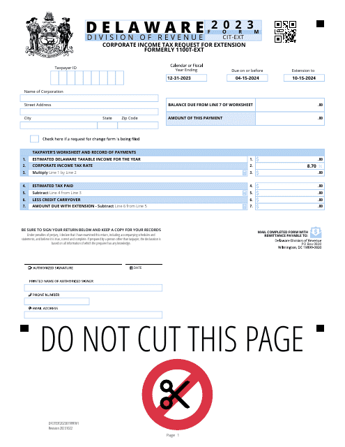 Form CIT-EXT Corporate Income Tax Request for Extension - Delaware, 2023