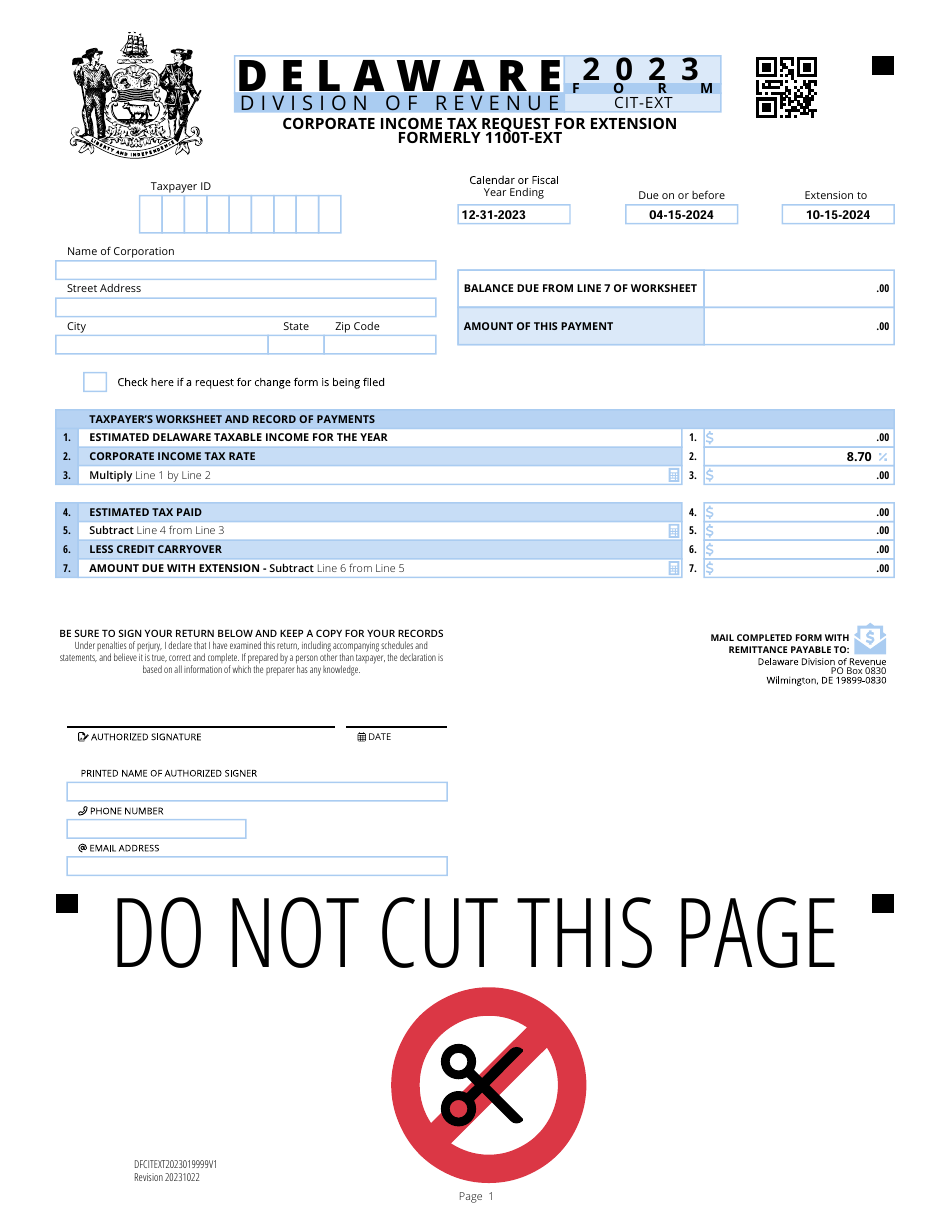 Form CIT-EXT Corporate Income Tax Request for Extension - Delaware, Page 1