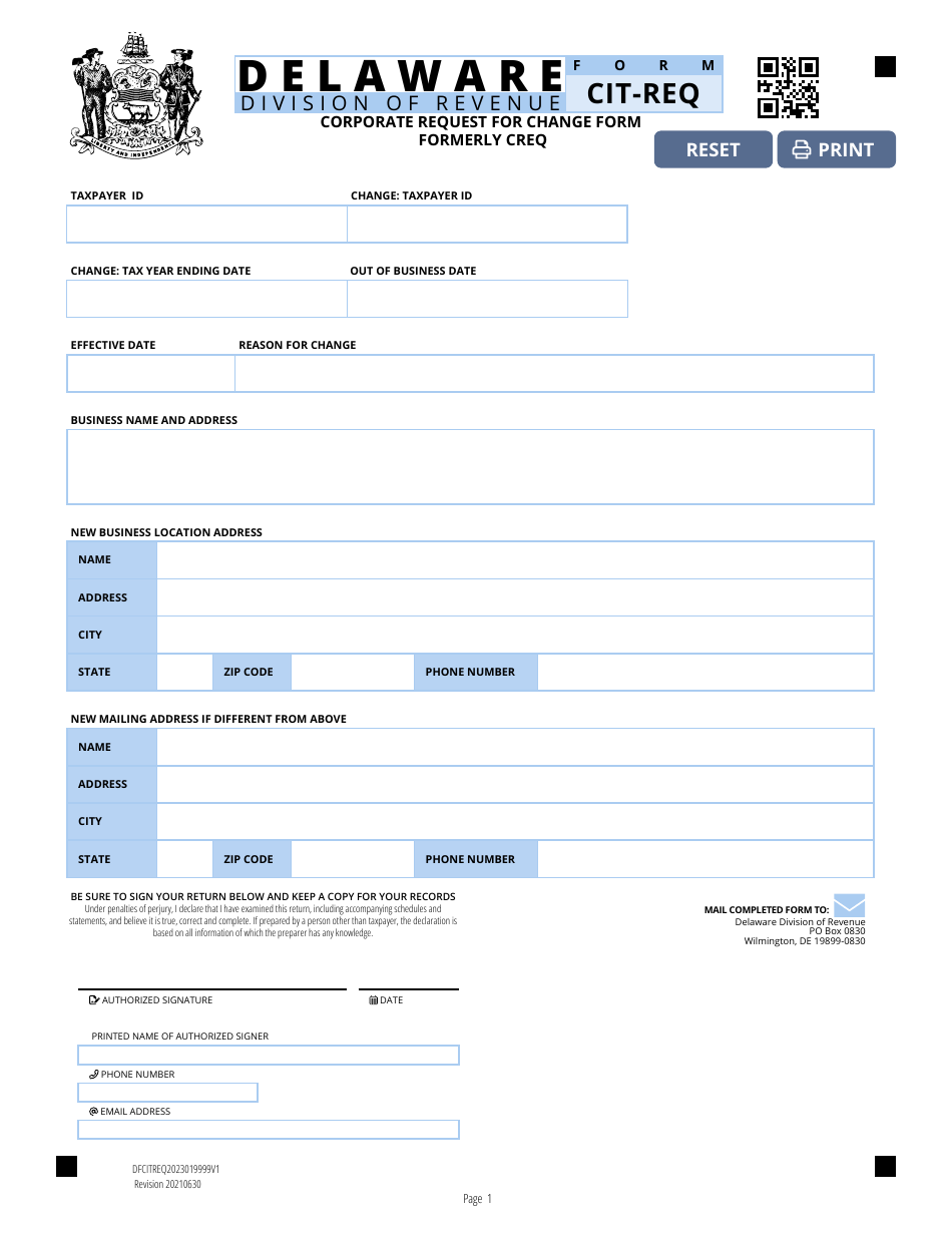Form CIT-REQ Corporate Request for Change Form - Delaware, Page 1