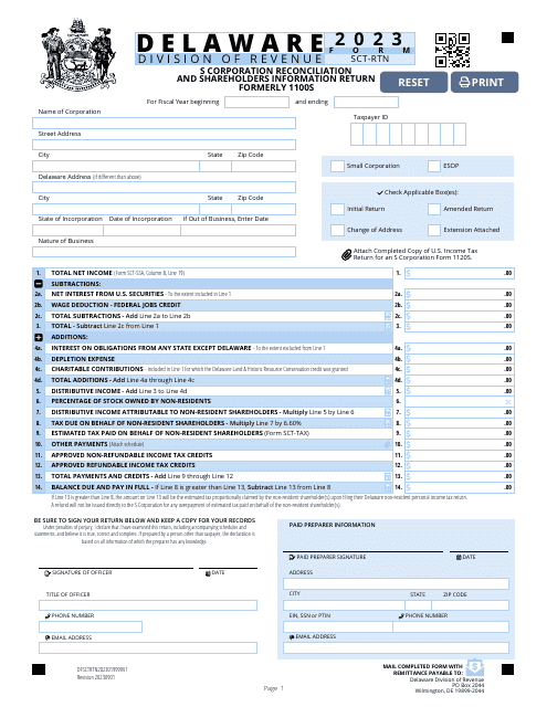 Form SCT-RTN S Corporation Reconciliation and Shareholders Information Return - Delaware, 2023
