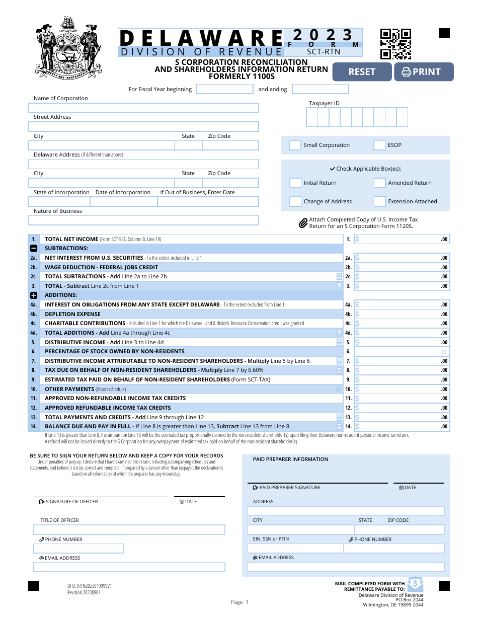 Form SCT-RTN S Corporation Reconciliation and Shareholders Information Return - Delaware, Page 1