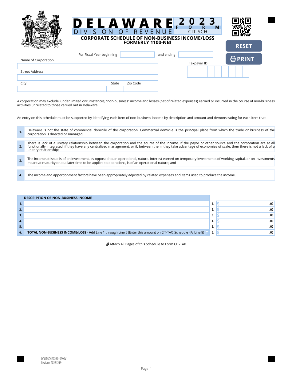 Form CIT-SCH Corporate Schedule of Non-business Income / Loss - Delaware, Page 1
