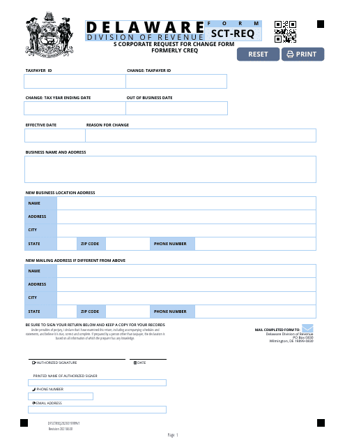 Form SCT-REQ S Corporate Request for Change Form - Delaware