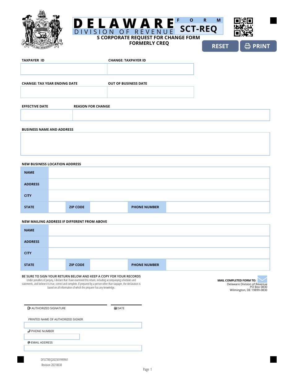 Form SCT-REQ S Corporate Request for Change Form - Delaware, Page 1