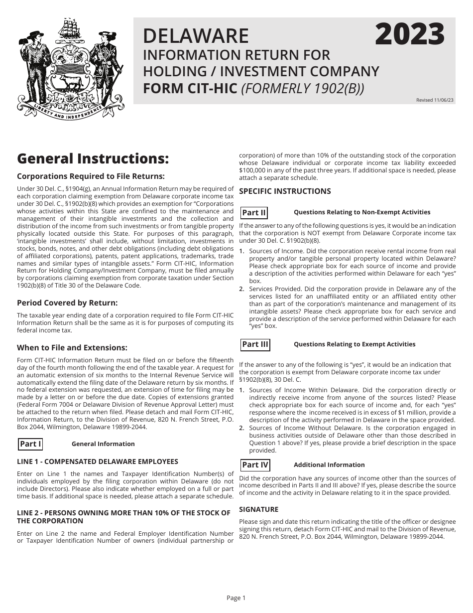 Instructions for Form CIT-HIC Information Return - Holding Company / Investment Company - Delaware, Page 1