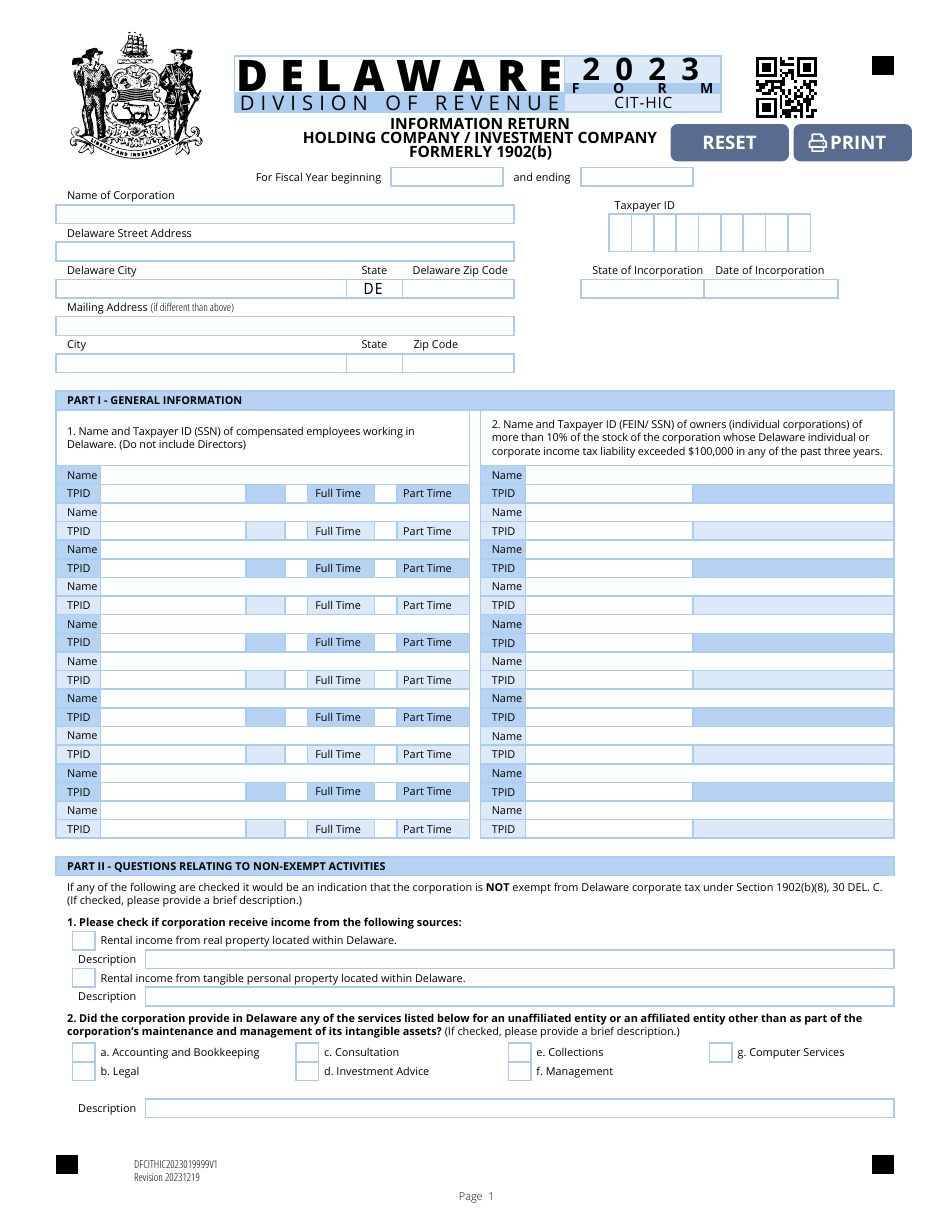 Form CIT-HIC Information Return - Holding Company / Investment Company - Delaware, Page 1