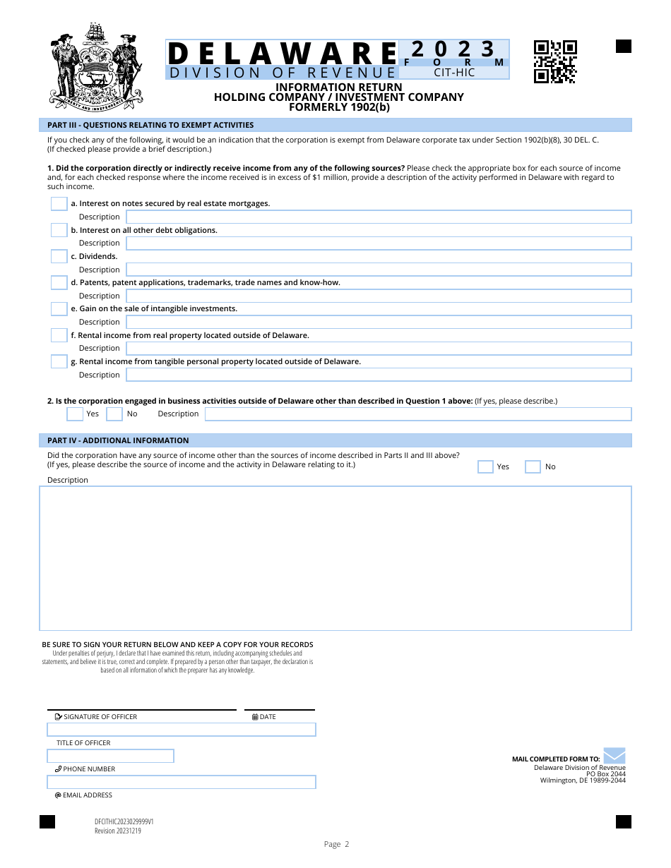 Form CIT-HIC Information Return - Holding Company / Investment Company - Delaware, Page 2