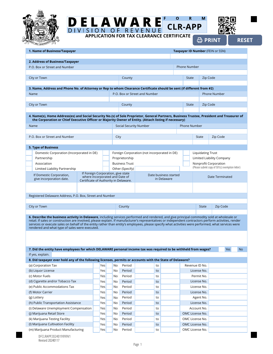 Form CLR-APP Application for Tax Clearance Certificate - Delaware, Page 1
