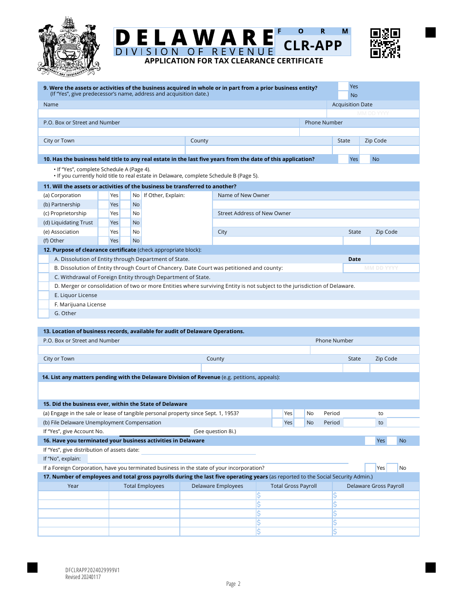 Form CLR-APP Application for Tax Clearance Certificate - Delaware, Page 2