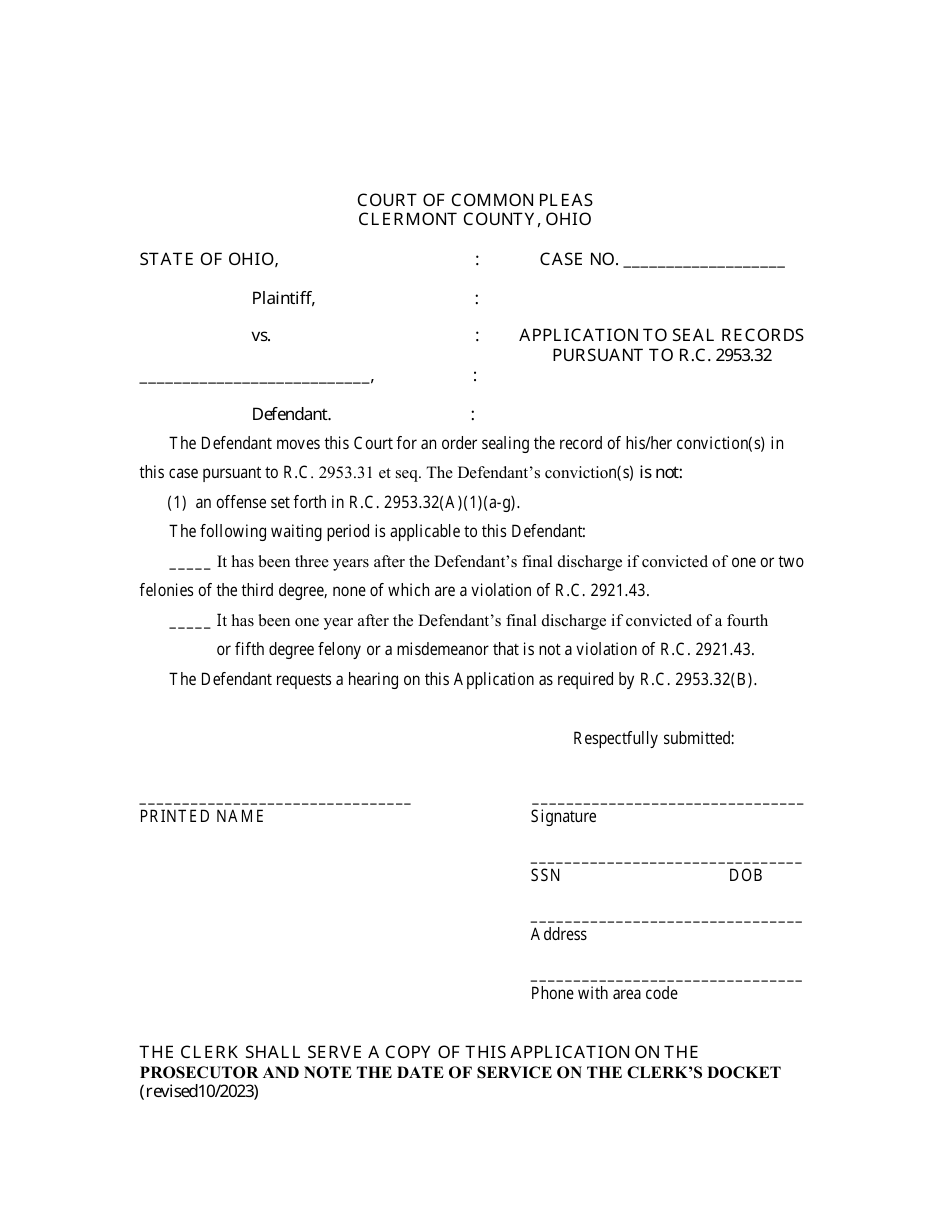 Clermont County, Ohio Application to Seal Records Pursuant to R.c. 2953 ...