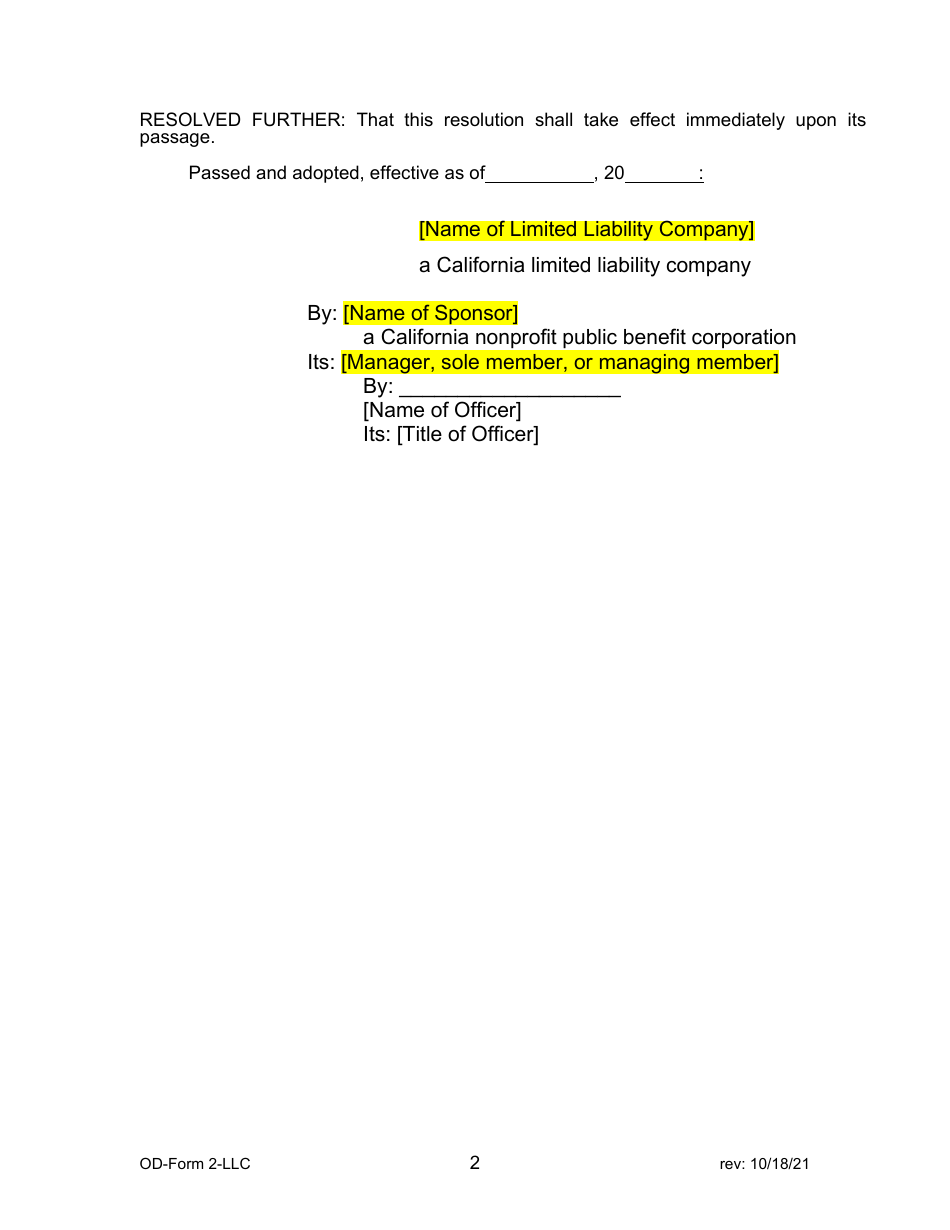 OD- Form 2-LLC Resolution Template - Limited Liability Company - Home American Rescue Plan (Home-Arp) Program - California, Page 2