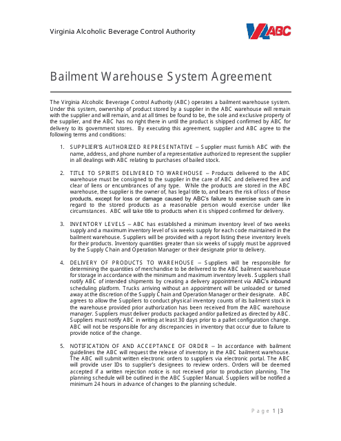 Bailment Warehouse System Agreement - Virginia Download Pdf