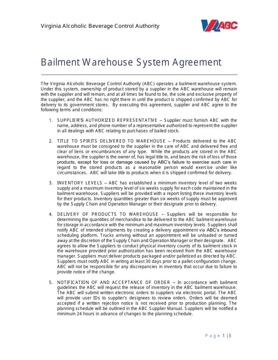 Bailment Warehouse System Agreement - Virginia, Page 1