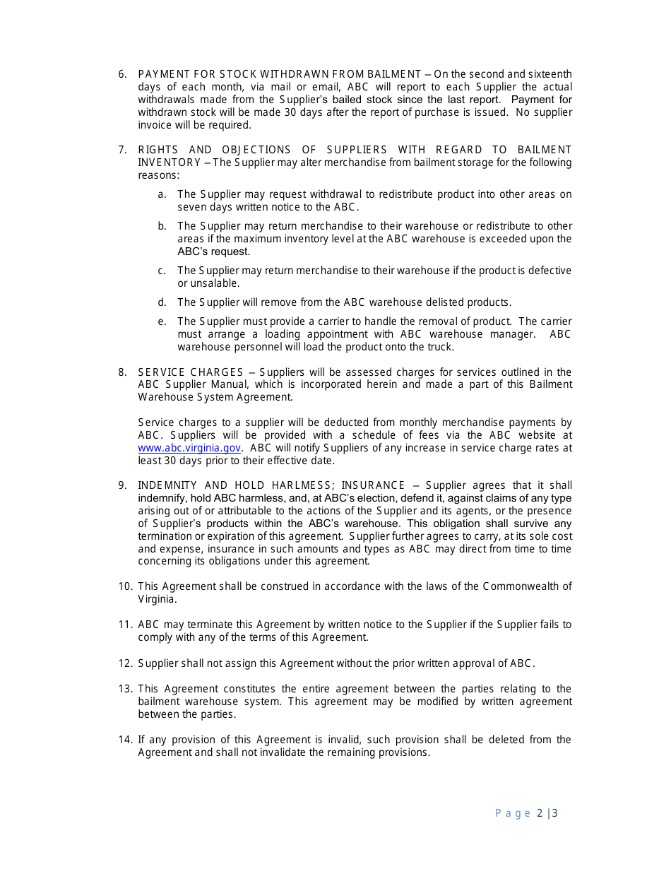 Bailment Warehouse System Agreement - Virginia, Page 2