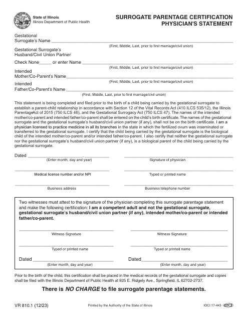 Form VR810.1 Surrogate Parentage Certification Physician's Statement - Illinois