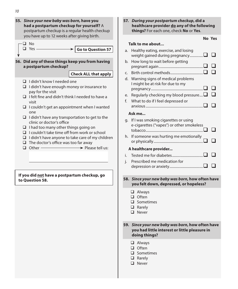 Pregnancy Risk Assessment Monitoring System Questionnaire - Illinois, Page 10