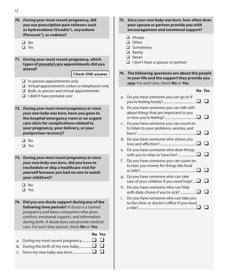 Pregnancy Risk Assessment Monitoring System Questionnaire - Illinois, Page 12