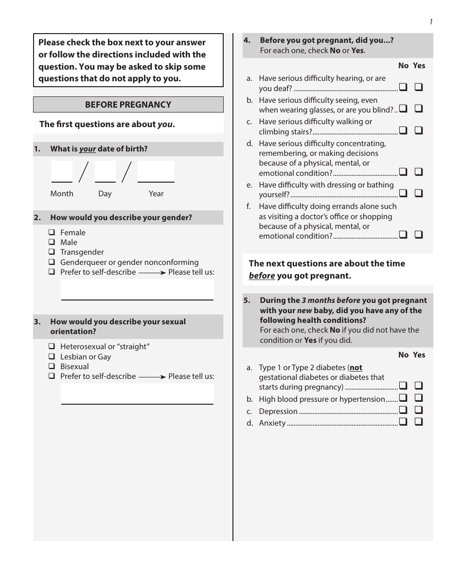 Pregnancy Risk Assessment Monitoring System Questionnaire - Illinois, Page 1