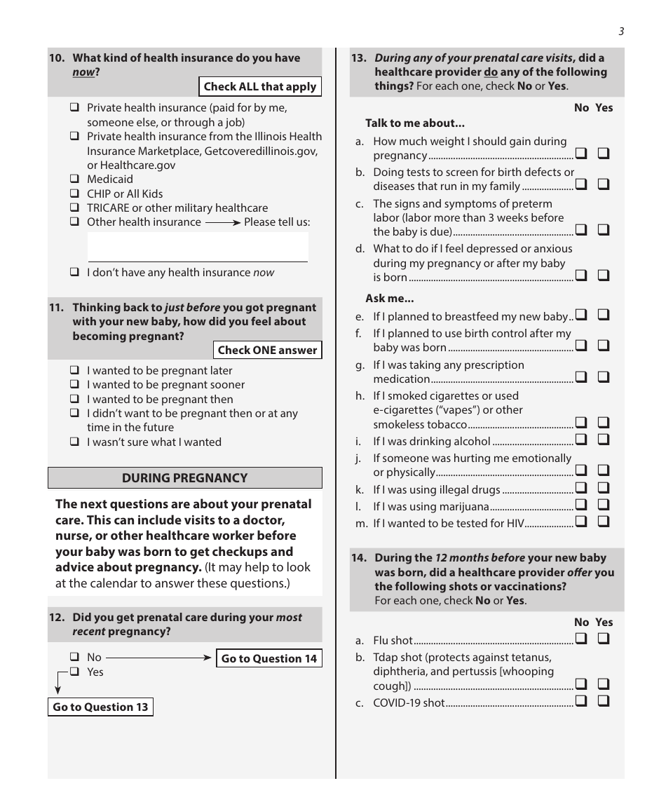 Pregnancy Risk Assessment Monitoring System Questionnaire - Illinois, Page 3