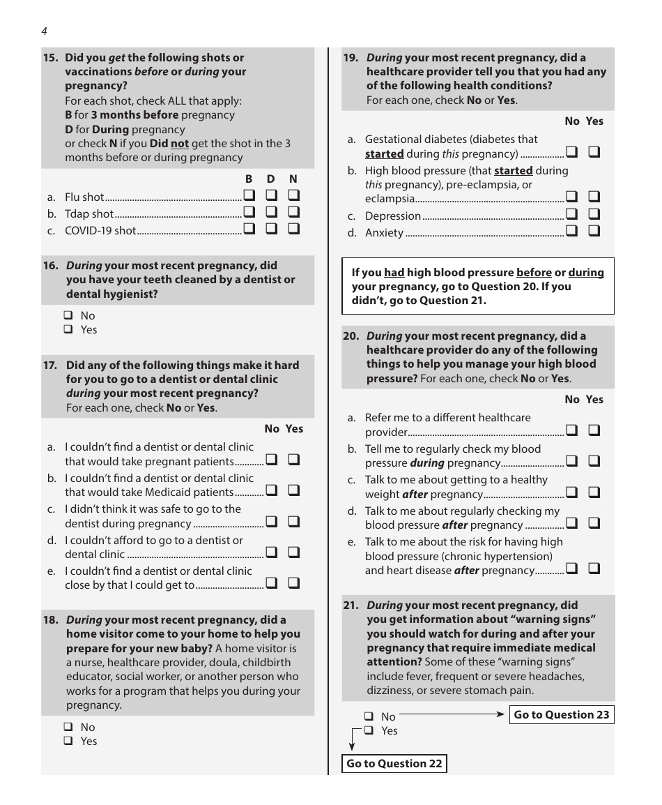 Pregnancy Risk Assessment Monitoring System Questionnaire - Illinois, Page 4