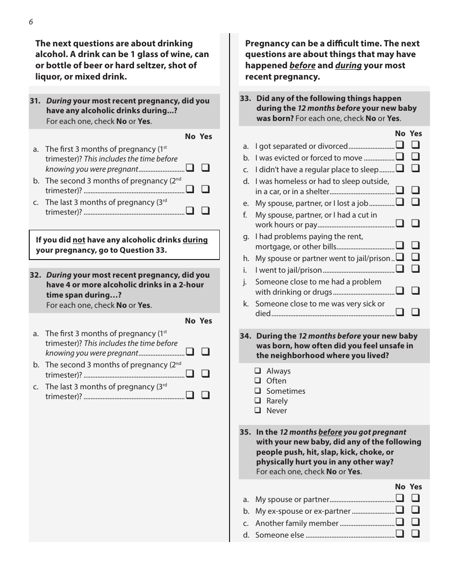 Pregnancy Risk Assessment Monitoring System Questionnaire - Illinois, Page 6