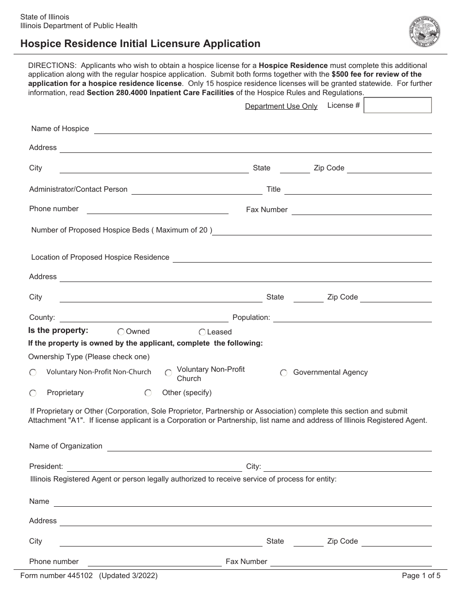 Form 445102 Hospice Residence Initial Licensure Application - Illinois, Page 1