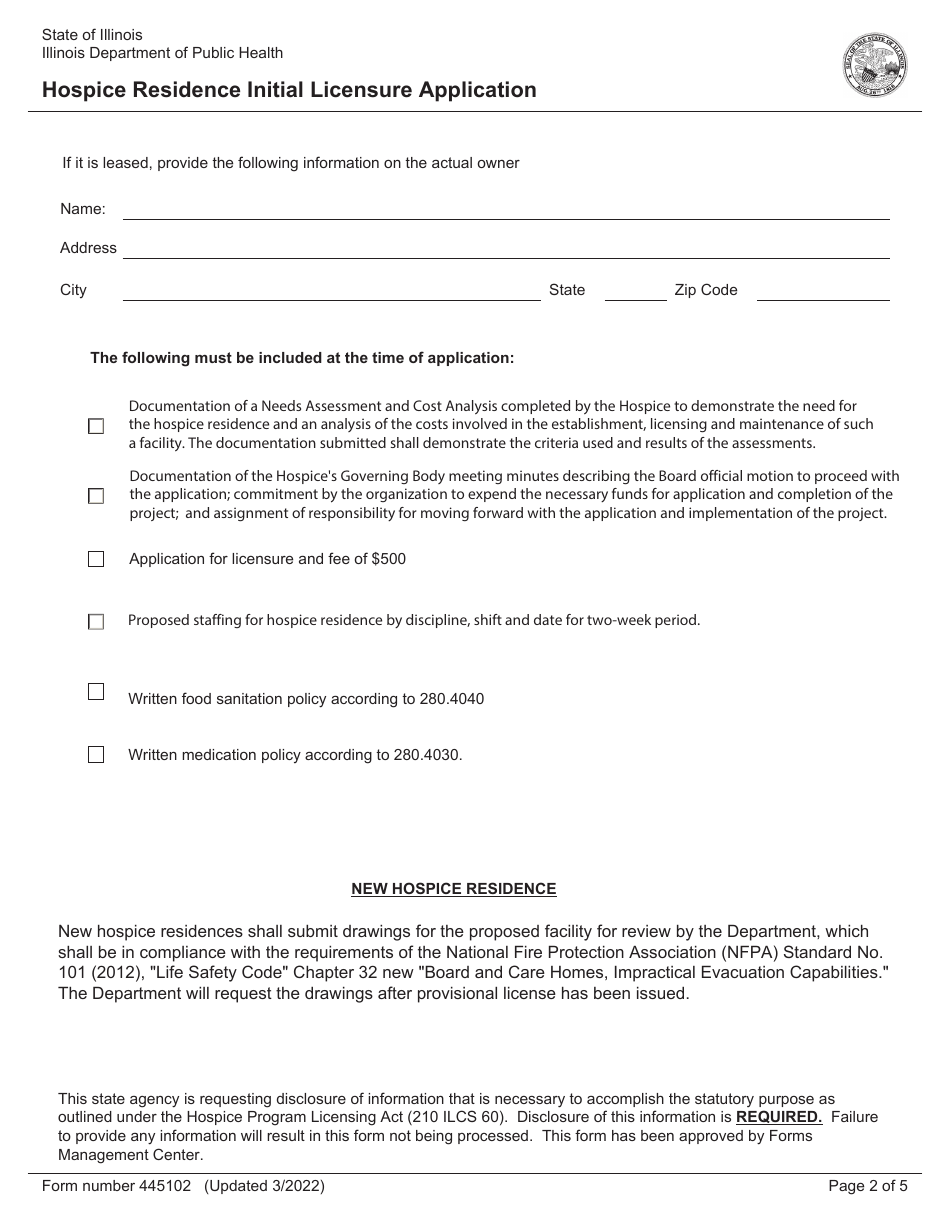 Form 445102 Hospice Residence Initial Licensure Application - Illinois, Page 2