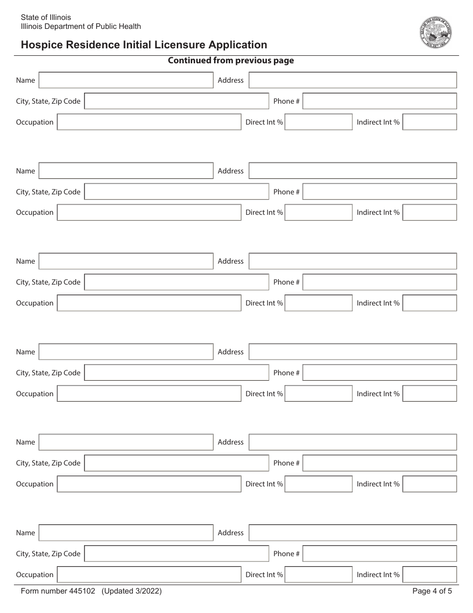 Form 445102 Hospice Residence Initial Licensure Application - Illinois, Page 4