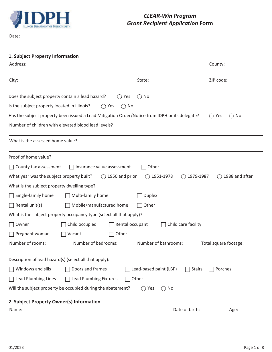 Grant Recipient Application Form - Clear-Win Program - Illinois, Page 1
