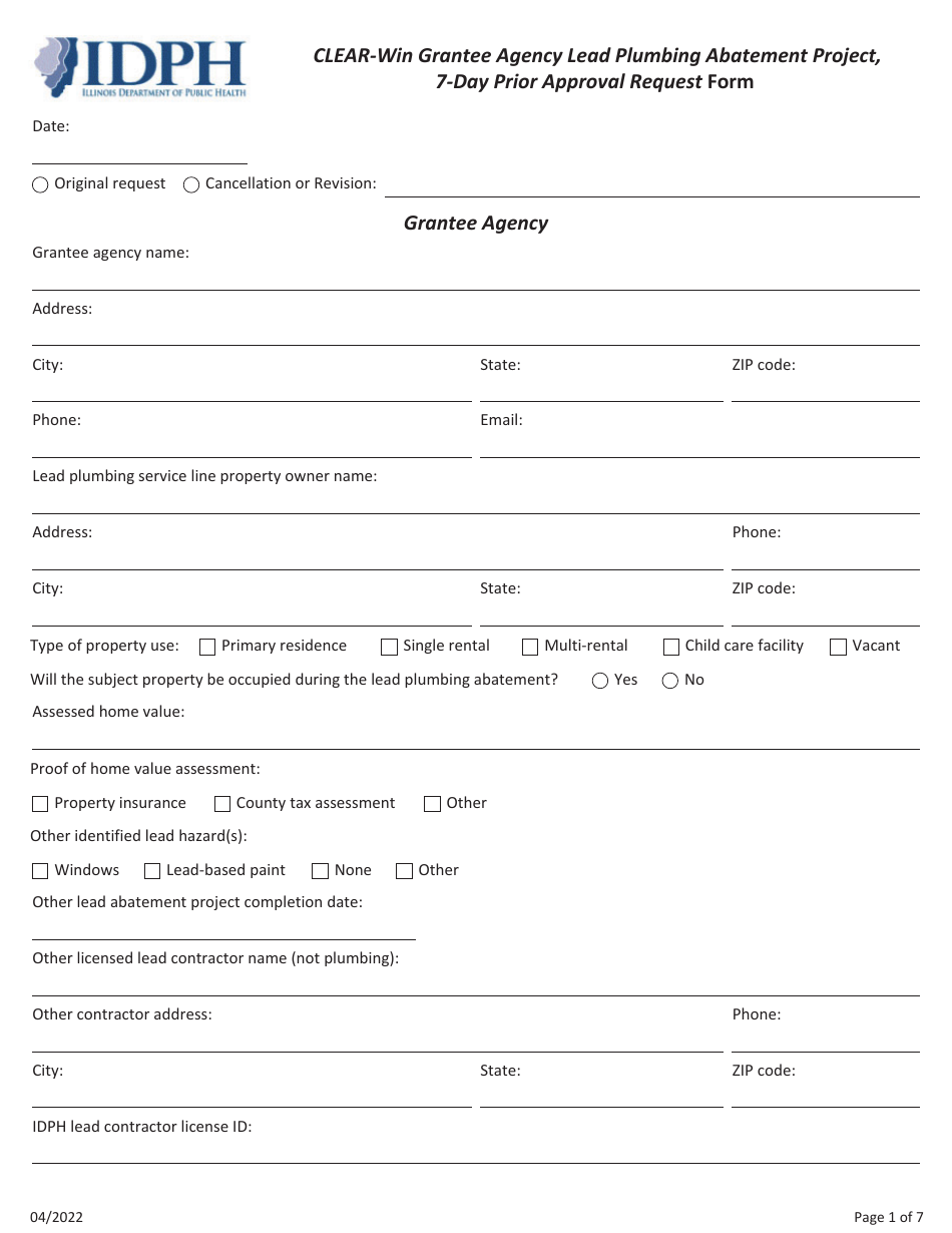 Clear-Win Grantee Agency Lead Plumbing Abatement Project, 7-day Prior Approval Request Form - Illinois, Page 1