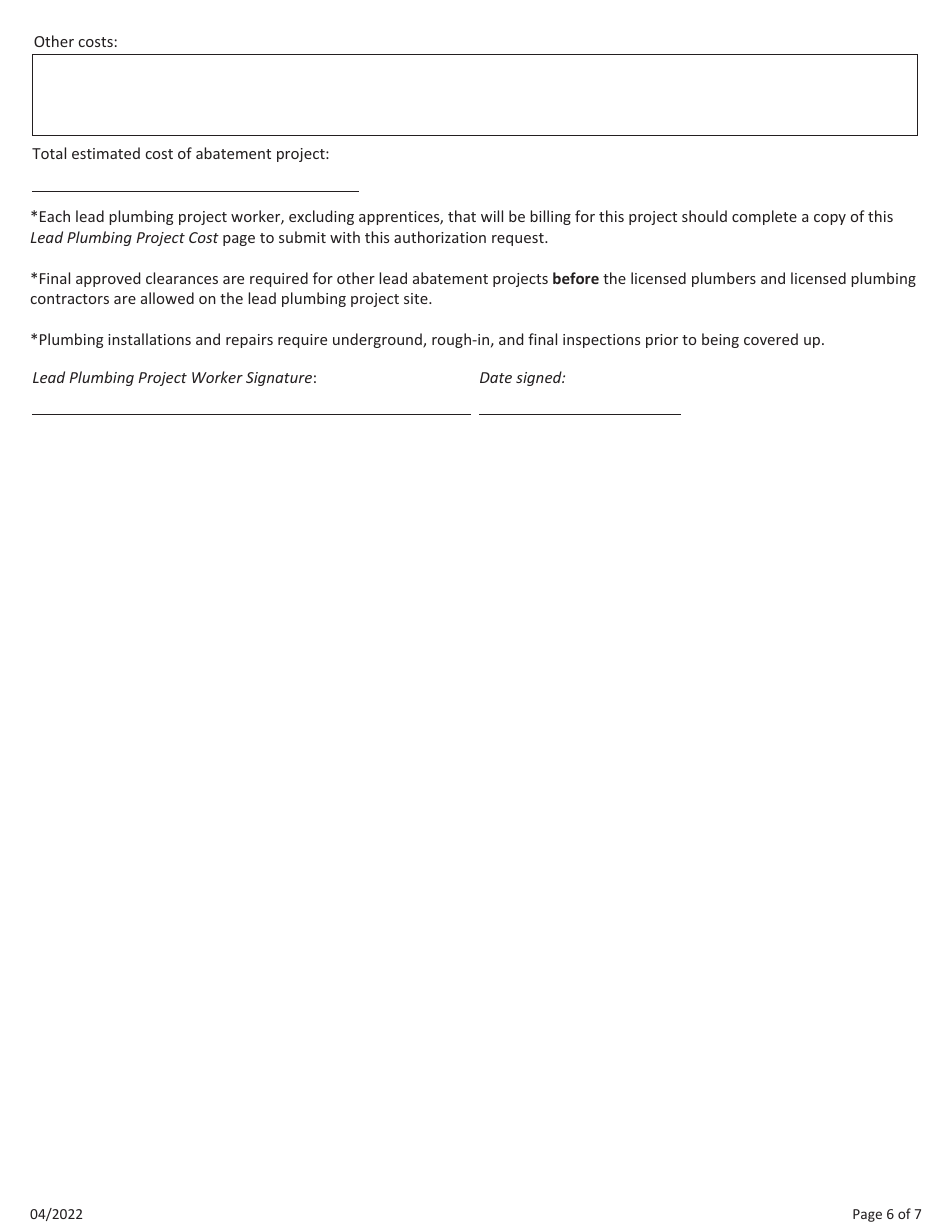 Clear-Win Grantee Agency Lead Plumbing Abatement Project, 7-day Prior Approval Request Form - Illinois, Page 6