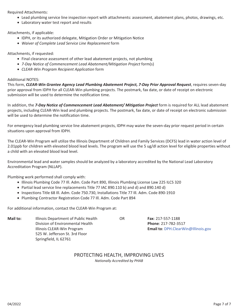 Clear-Win Grantee Agency Lead Plumbing Abatement Project, 7-day Prior Approval Request Form - Illinois, Page 7
