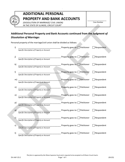 Form DV-AM123.2 Additional Personal Property and Bank Accounts - Draft - Illinois