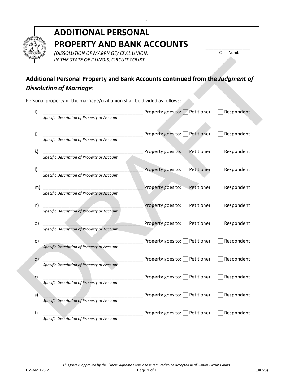Form DV-AM123.2 Additional Personal Property and Bank Accounts - Draft - Illinois, Page 1