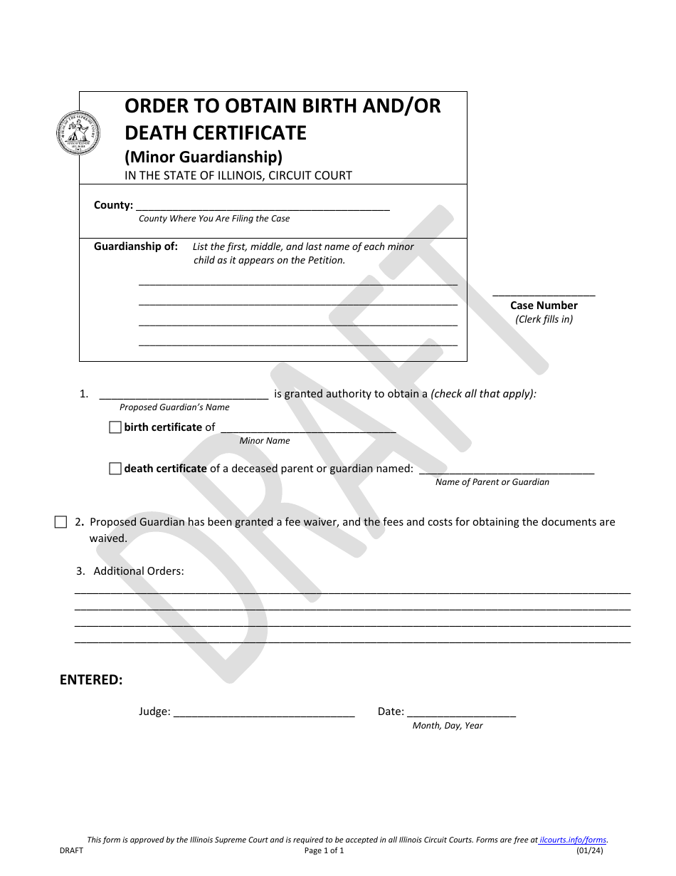 Order to Obtain Birth and / or Death Certificate (Minor Guardianship) - Draft - Illinois, Page 1