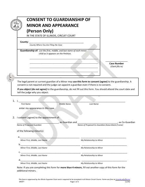 Consent to Guardianship of Minor and Appearance (Person Only) - Draft - Illinois Download Pdf