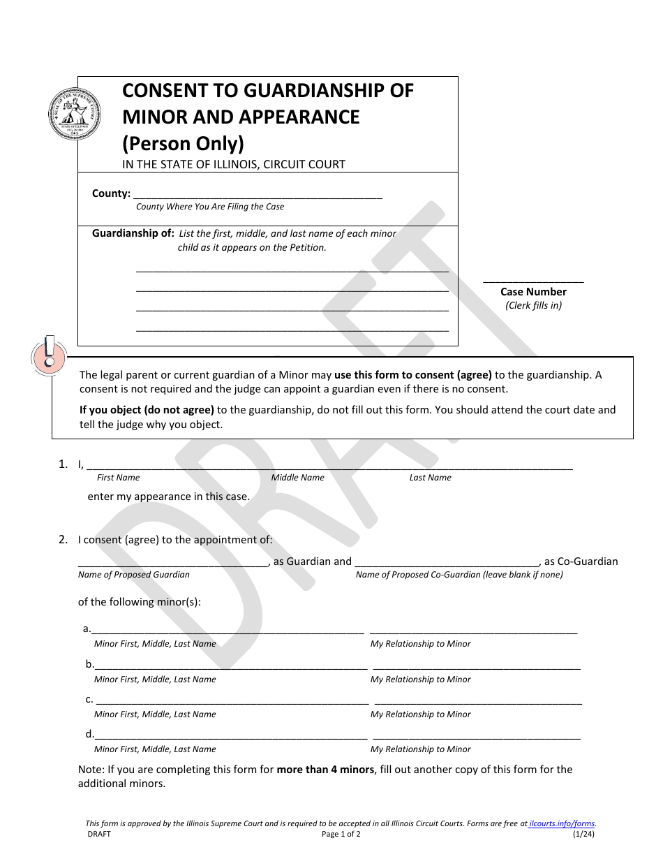 Consent to Guardianship of Minor and Appearance (Person Only) - Draft - Illinois, Page 1