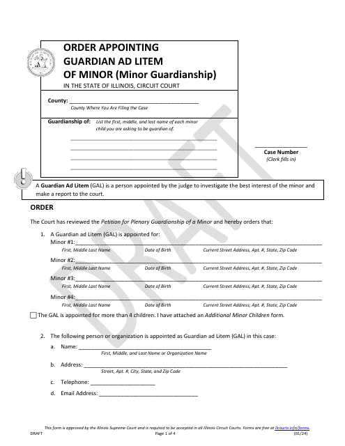 Order Appointing Guardian Ad Litem of Minor (Minor Guardianship) - Draft - Illinois Download Pdf