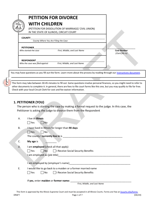 Petition for Divorce With Children - Draft - Illinois Download Pdf