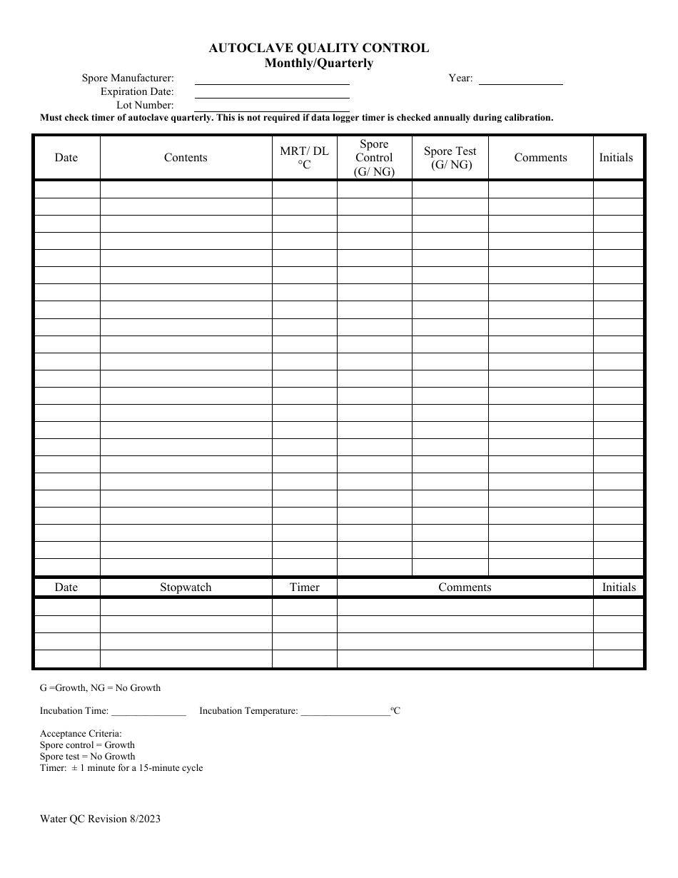 Illinois Autoclave Quality Control Monthly/Quarterly Fill Out, Sign