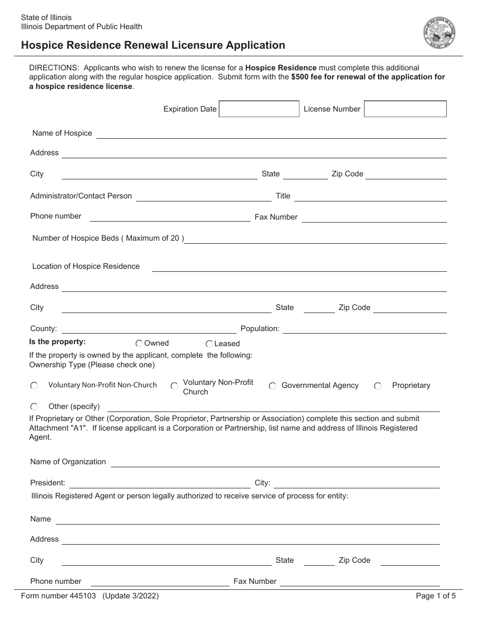 Form 445103 Hospice Residence Renewal Licensure Application - Illinois, Page 1