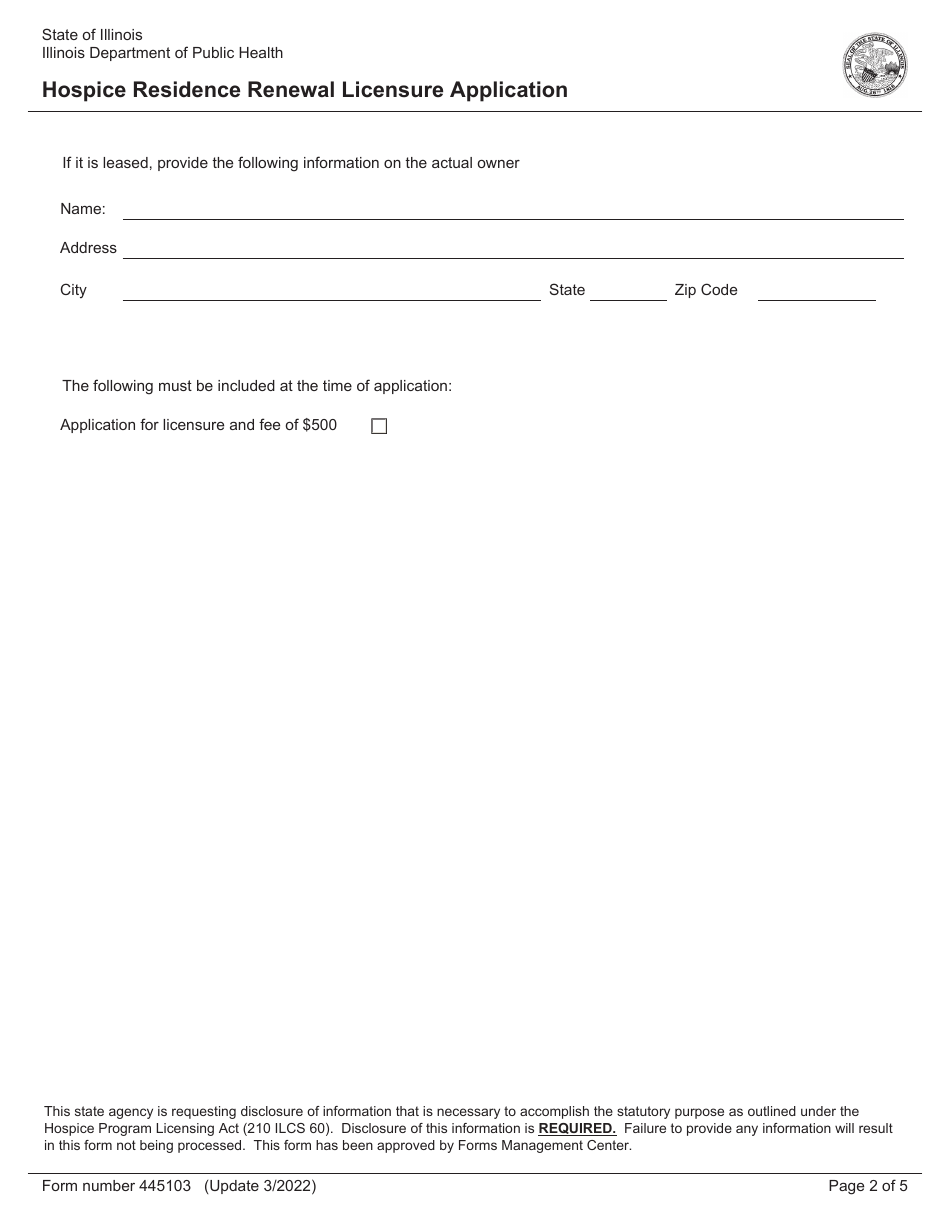 Form 445103 Hospice Residence Renewal Licensure Application - Illinois, Page 2