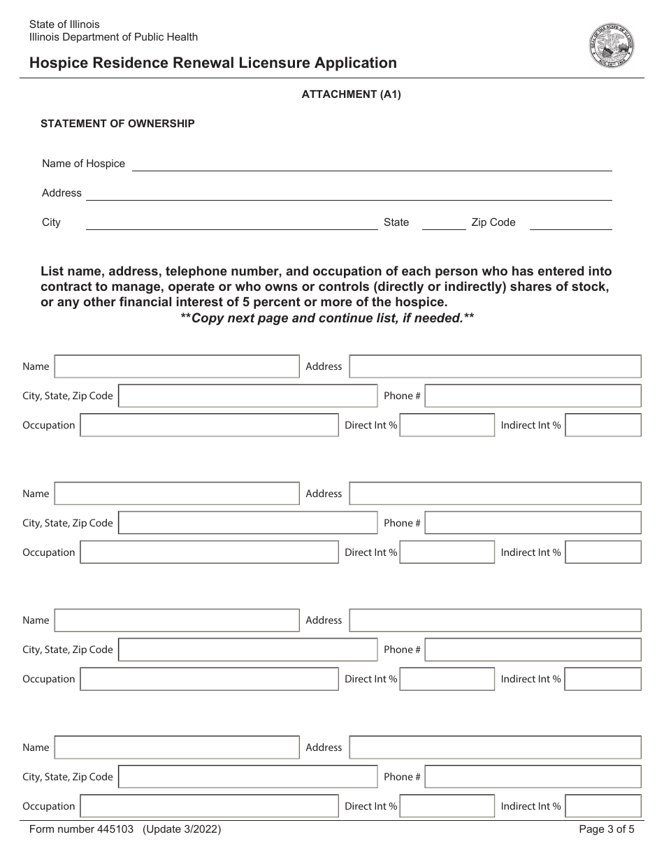 Form 445103 Hospice Residence Renewal Licensure Application - Illinois, Page 3
