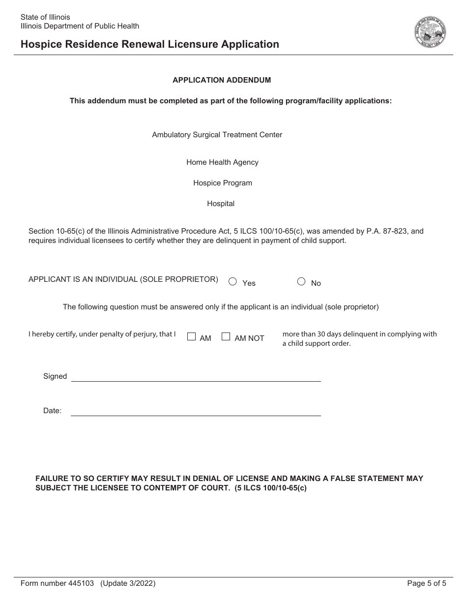 Form 445103 Hospice Residence Renewal Licensure Application - Illinois, Page 5