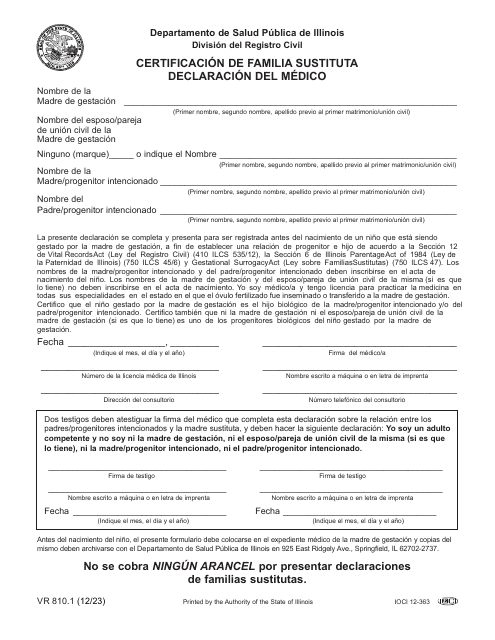 Formulario VR810.1 Certificacion De Familia Sustituta Declaracion Del Medico - Illinois (Spanish)