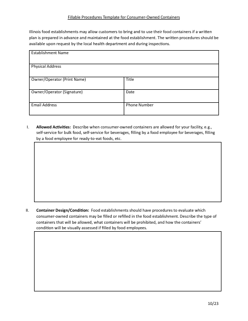 Fillable Procedures Template for Consumer-Owned Containers - Illinois Download Pdf