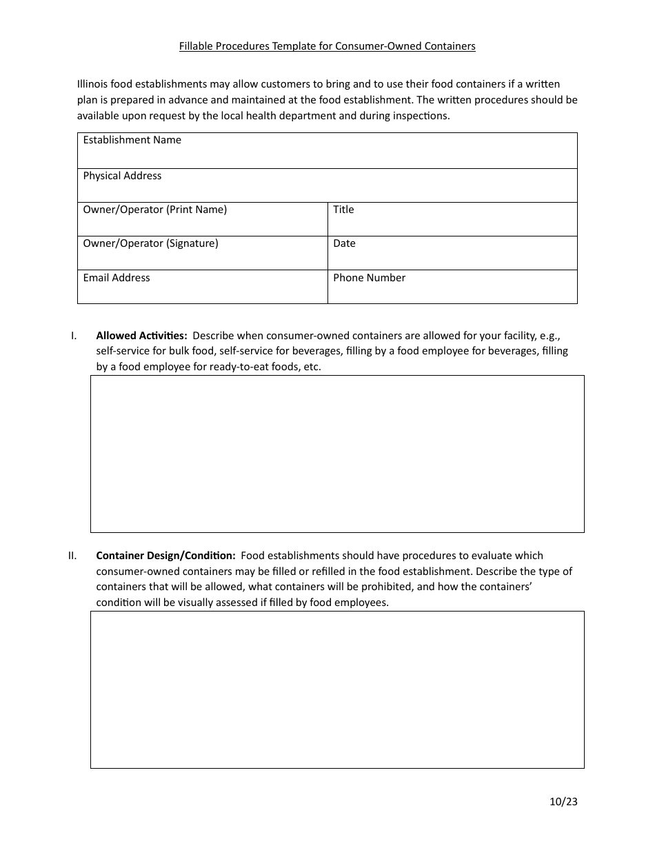 Fillable Procedures Template for Consumer-Owned Containers - Illinois, Page 1