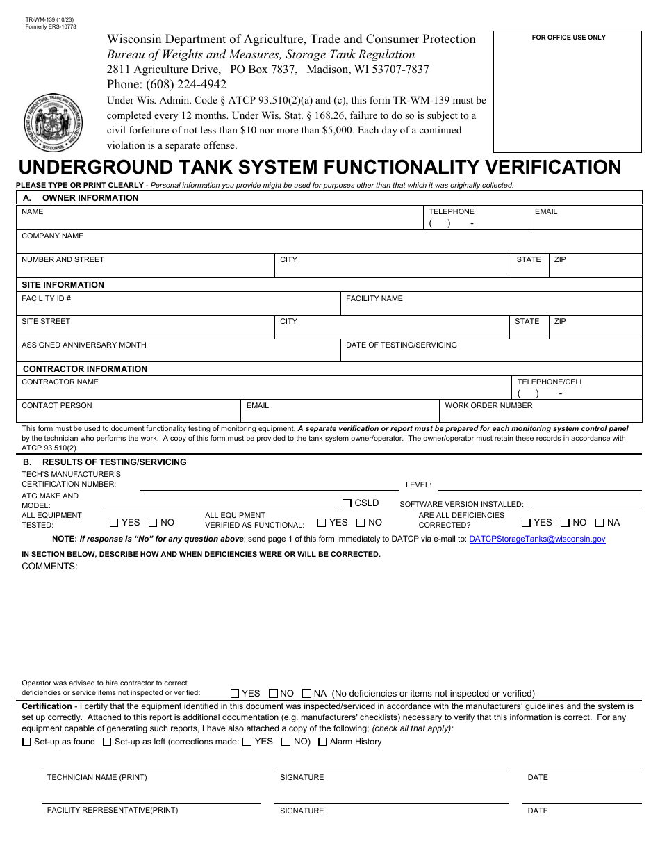 Form TR-WM-139 Underground Tank System Functionality Verification - Wisconsin, Page 1