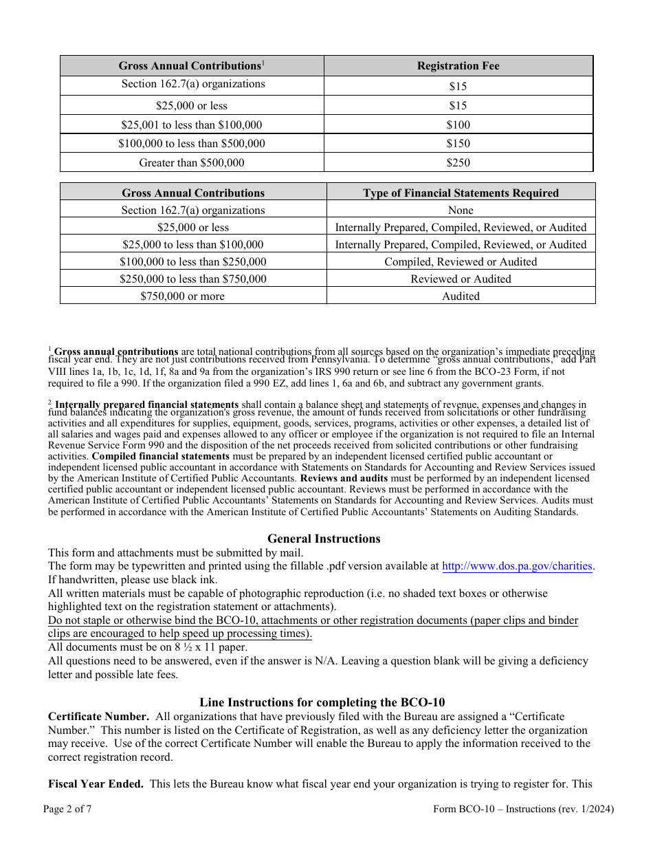 Instructions for Form BCO-10 Charitable Organization Registration Statement - Pennsylvania, Page 2